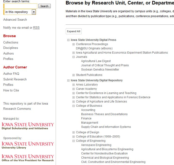 Example of faceted searching in the ISU institutional
repository interface.