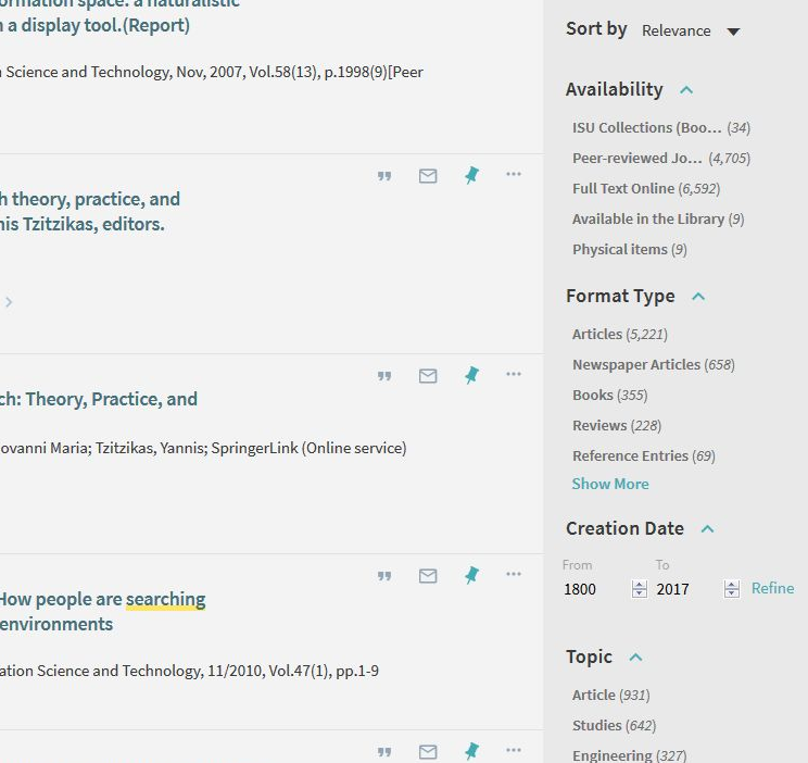 Example of faceted searching in the ISU Library Primo
search interface.